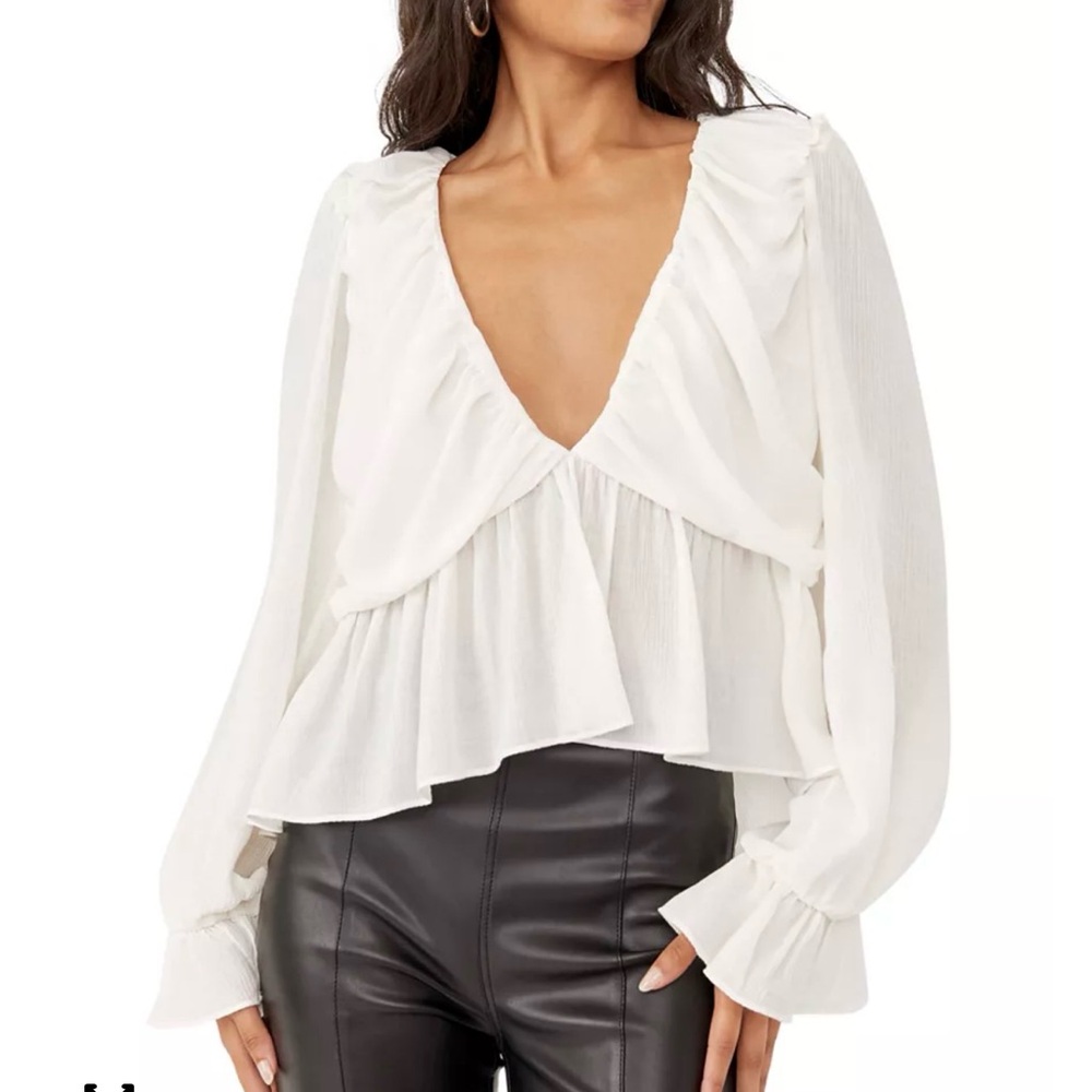 Free People White Ruffle V-Neck Peplum Blouse